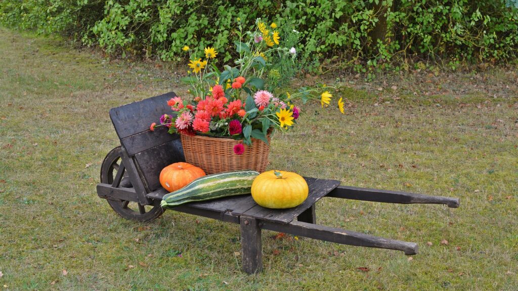 Holzkarre für Erntedank dekoriert